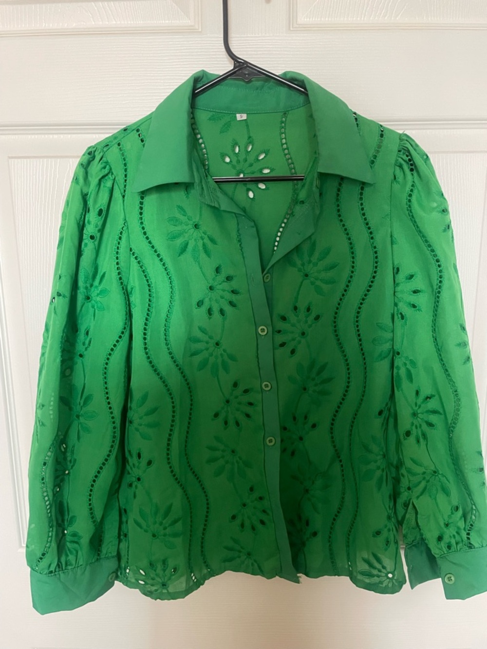 Green Eyelet Button-Front Blouse - Women